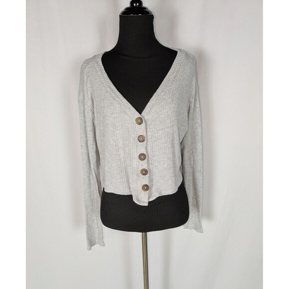 Garage Cardigan XS Women's Gray Ribbed Knit Long Sleeve Relaxed Fit Cropped - Picture 1 of 7